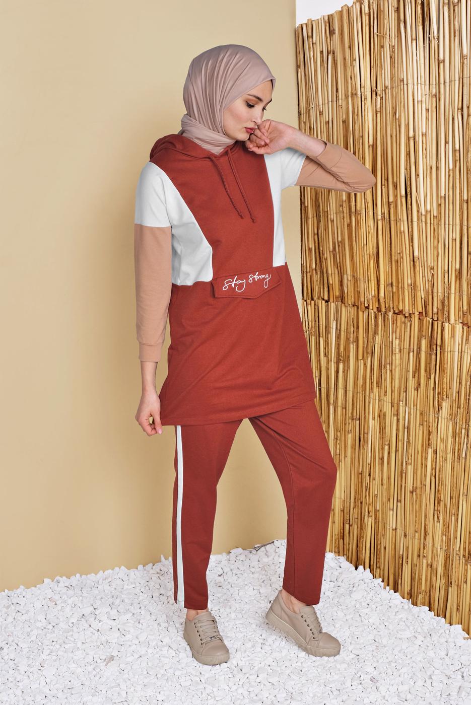 Vêtements hijab BRUN ENSEMBLE SURVÊTEMENT IMPRIMÉ AVEC PANTALON 4555