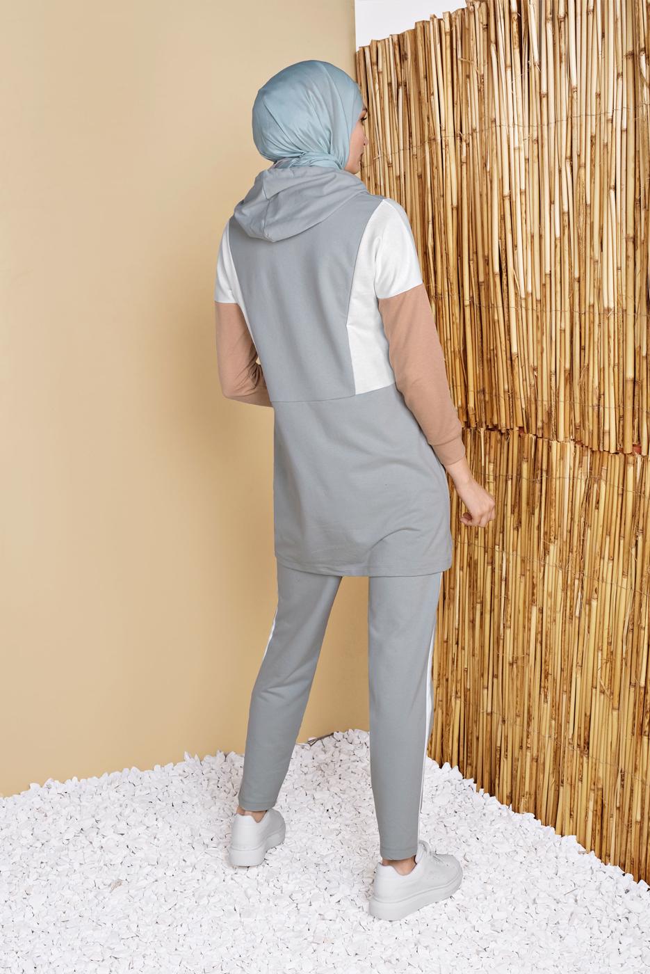 Tesettür giyim YEŞİL RENKLİ YAZI DETAYLI İKİLİ PANTOLONLU EŞOFMAN TAKIMI 4555