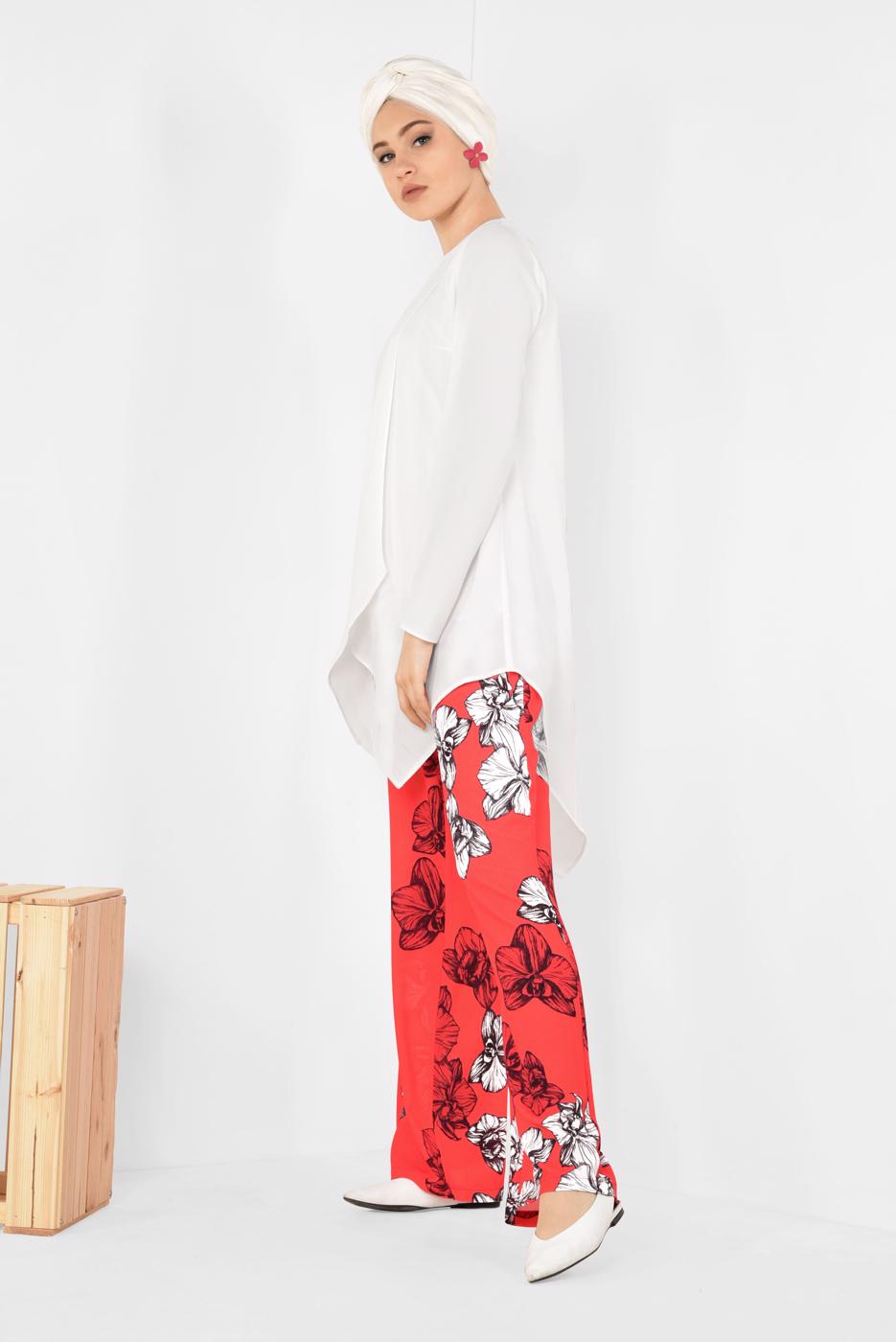 Tesettür giyim KIRMIZI  ALVİNA ASİMETRİK KESİM FLORAL DESENLİ İKİLİ PANT. TAKIM 4942