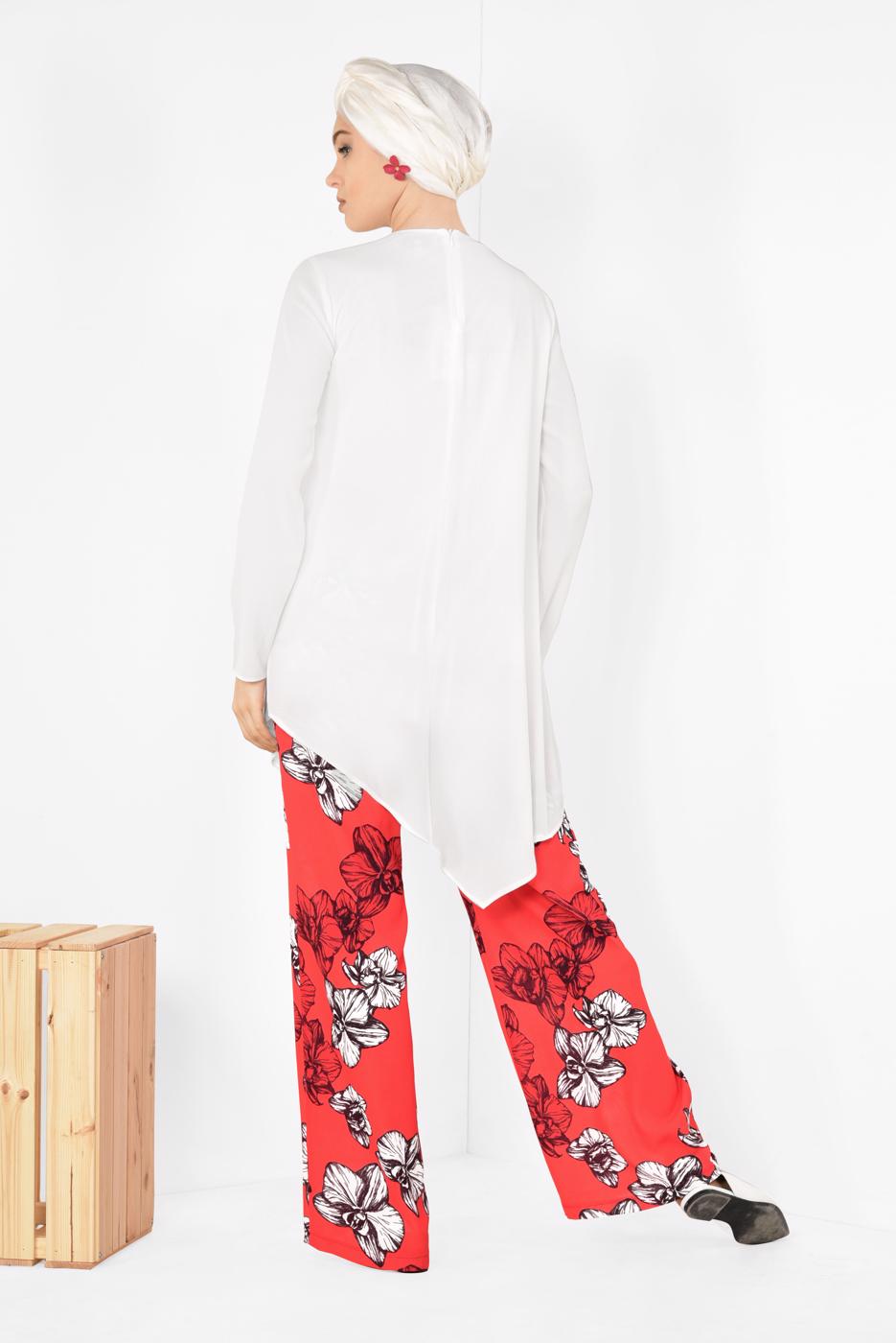 Tesettür giyim KIRMIZI  ALVİNA ASİMETRİK KESİM FLORAL DESENLİ İKİLİ PANT. TAKIM 4942