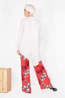 Tesettür giyim KIRMIZI  ALVİNA ASİMETRİK KESİM FLORAL DESENLİ İKİLİ PANT. TAKIM 4942