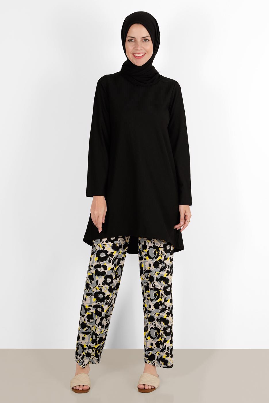 Tesettür giyim SİYAH ÇİÇEK DESENLİ İKİLİ PANT TAKIM 5176 