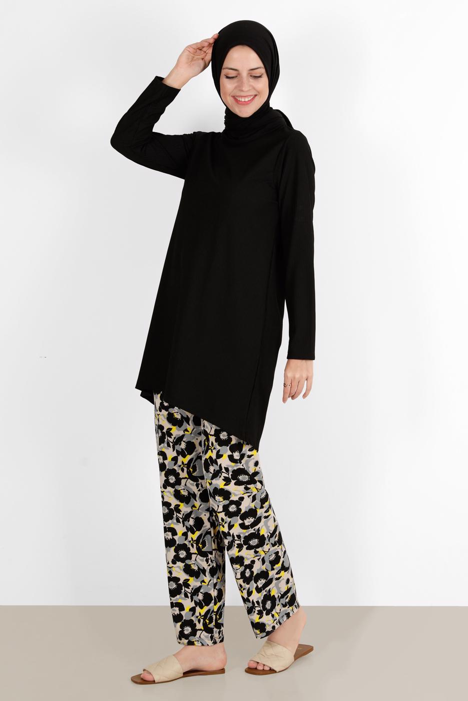Tesettür giyim SİYAH ÇİÇEK DESENLİ İKİLİ PANT TAKIM 5176 