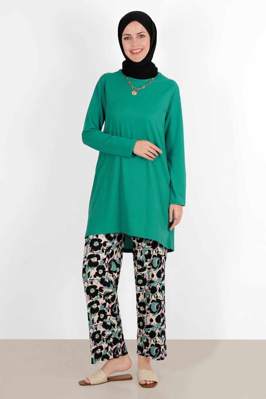 Tesettür giyim YEŞİL ÇİÇEK DESENLİ İKİLİ PANT TAKIM 5176 