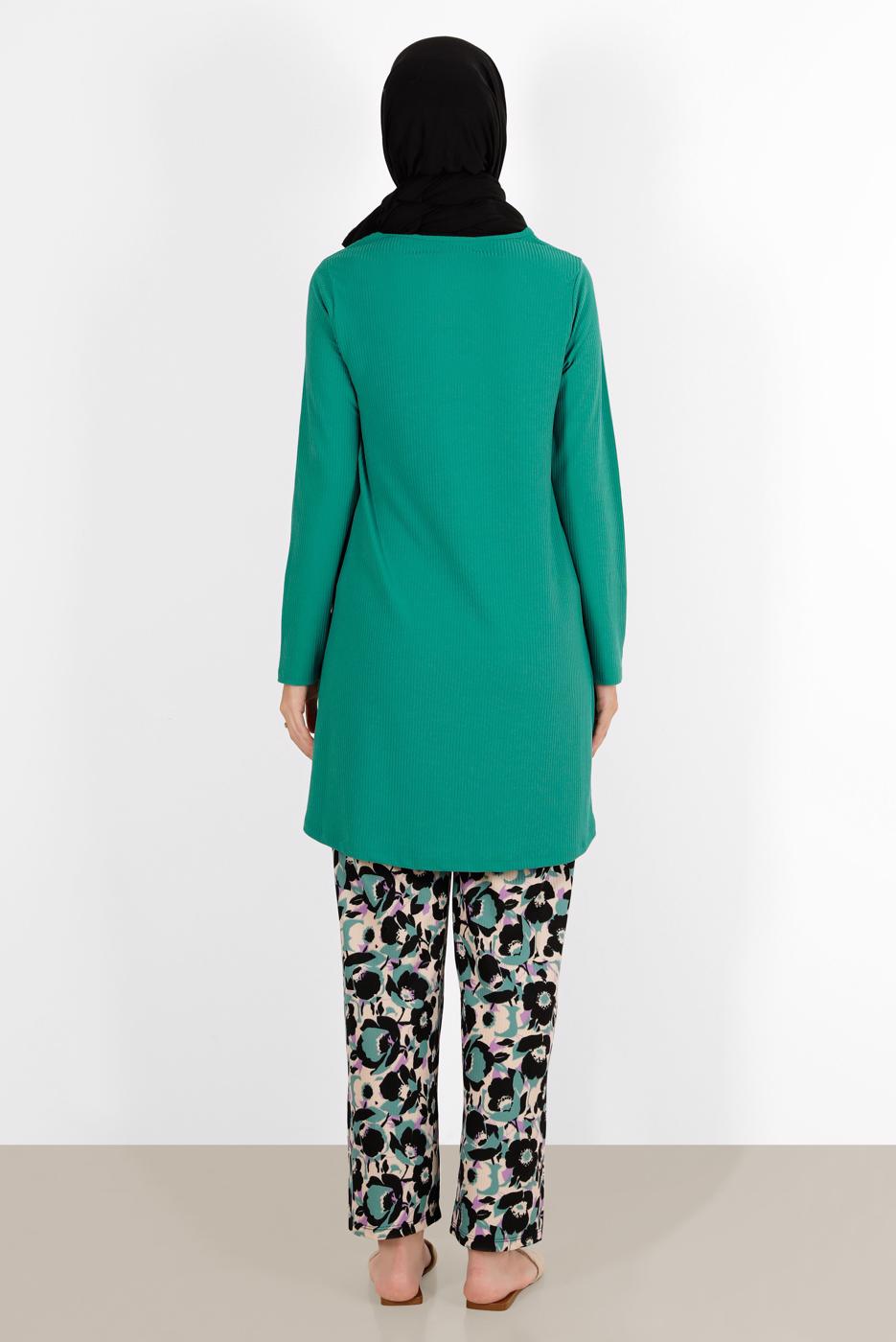 Tesettür giyim YEŞİL ÇİÇEK DESENLİ İKİLİ PANT TAKIM 5176 