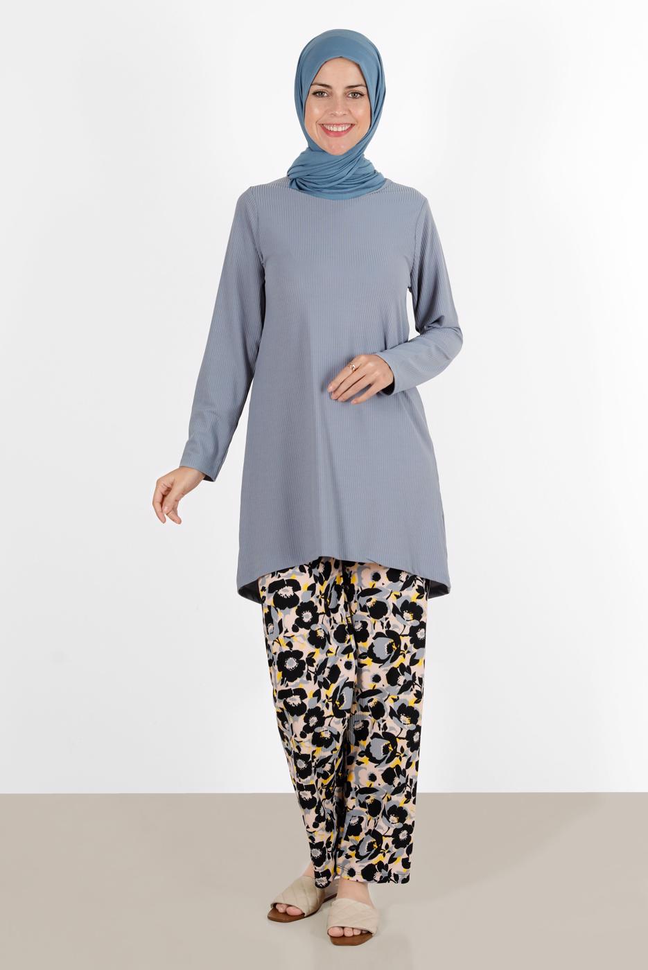 Tesettür giyim GRİ ÇİÇEK DESENLİ İKİLİ PANT TAKIM 5176 