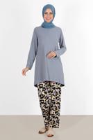 Tesettür giyim GRİ ÇİÇEK DESENLİ İKİLİ PANT TAKIM 5176 