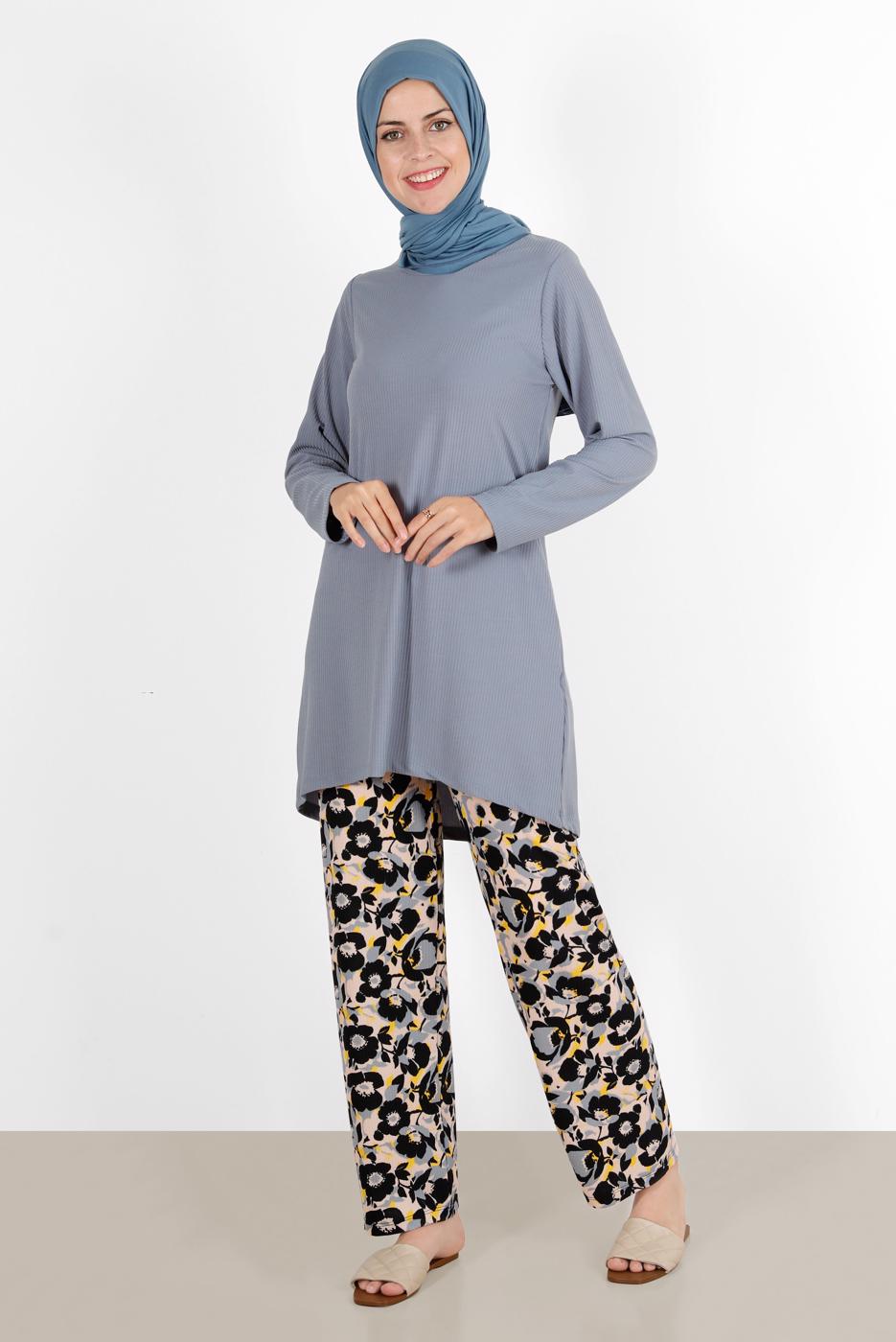 Tesettür giyim GRİ ÇİÇEK DESENLİ İKİLİ PANT TAKIM 5176 