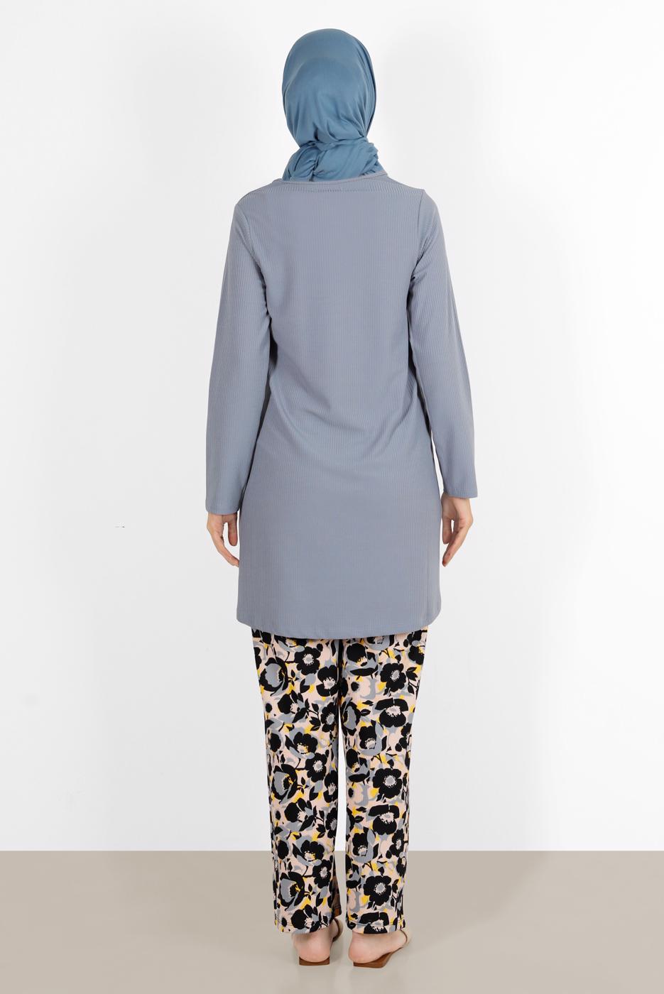Tesettür giyim GRİ ÇİÇEK DESENLİ İKİLİ PANT TAKIM 5176 