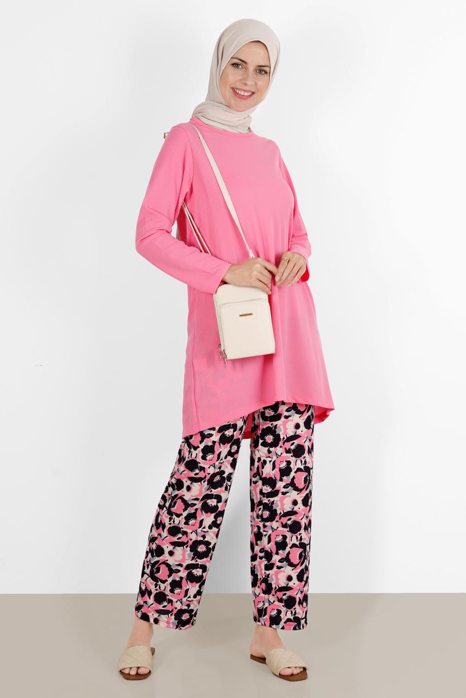 Tesettür giyim PEMBE ÇİÇEK DESENLİ İKİLİ PANT TAKIM 5176 