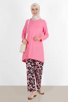Tesettür giyim PEMBE ÇİÇEK DESENLİ İKİLİ PANT TAKIM 5176 