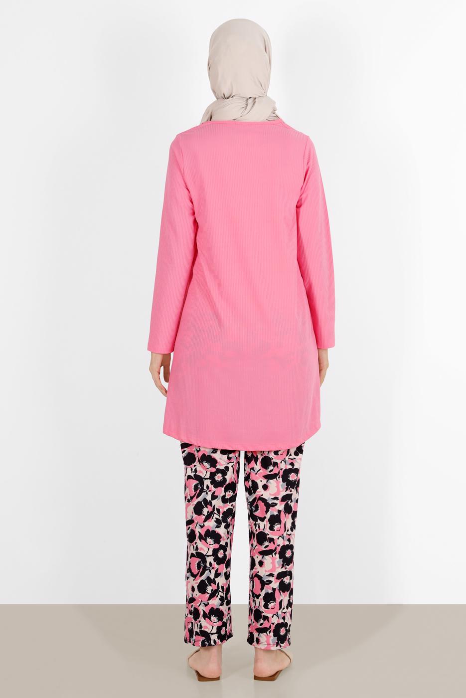 Tesettür giyim PEMBE ÇİÇEK DESENLİ İKİLİ PANT TAKIM 5176 