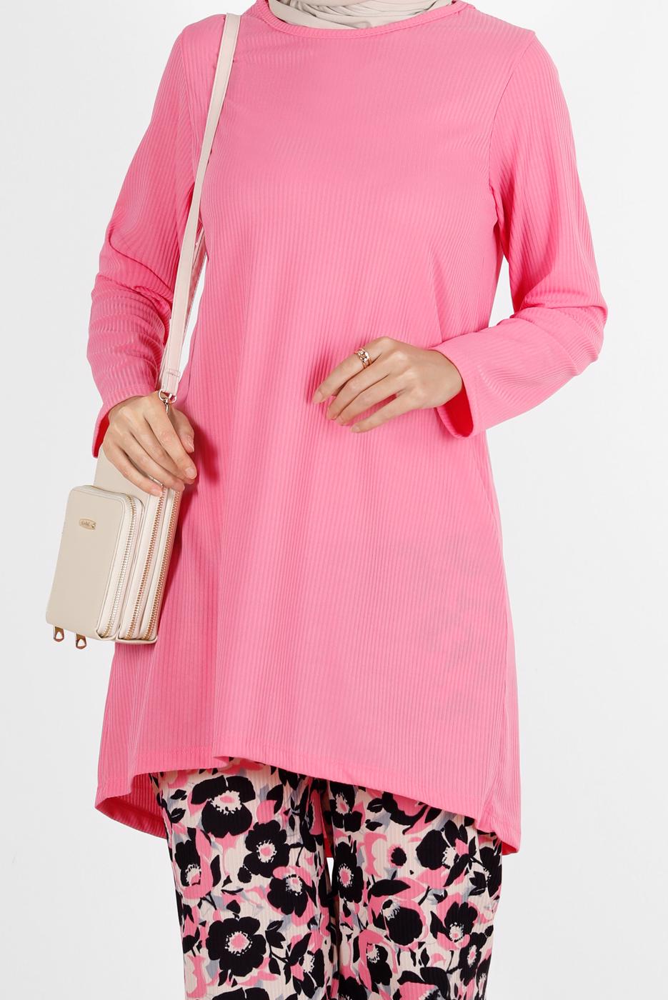 Tesettür giyim PEMBE ÇİÇEK DESENLİ İKİLİ PANT TAKIM 5176 