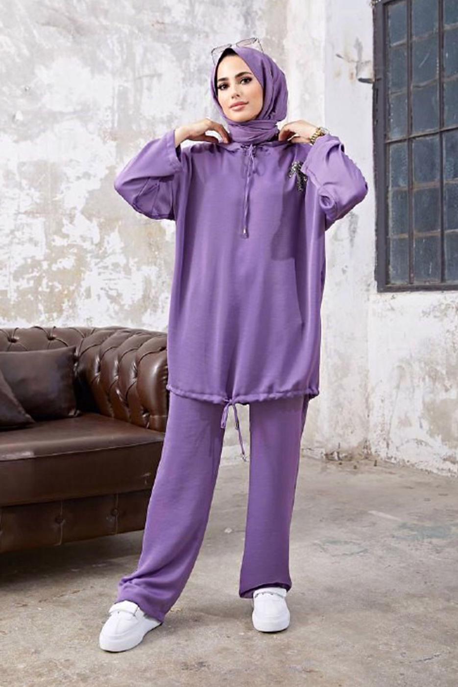 Tesettür giyim MOR KAPÜŞONLU BAĞCIKLI İKİLİ PANTOLONLU TAKIM 5210