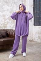Tesettür giyim MOR KAPÜŞONLU BAĞCIKLI İKİLİ PANTOLONLU TAKIM 5210