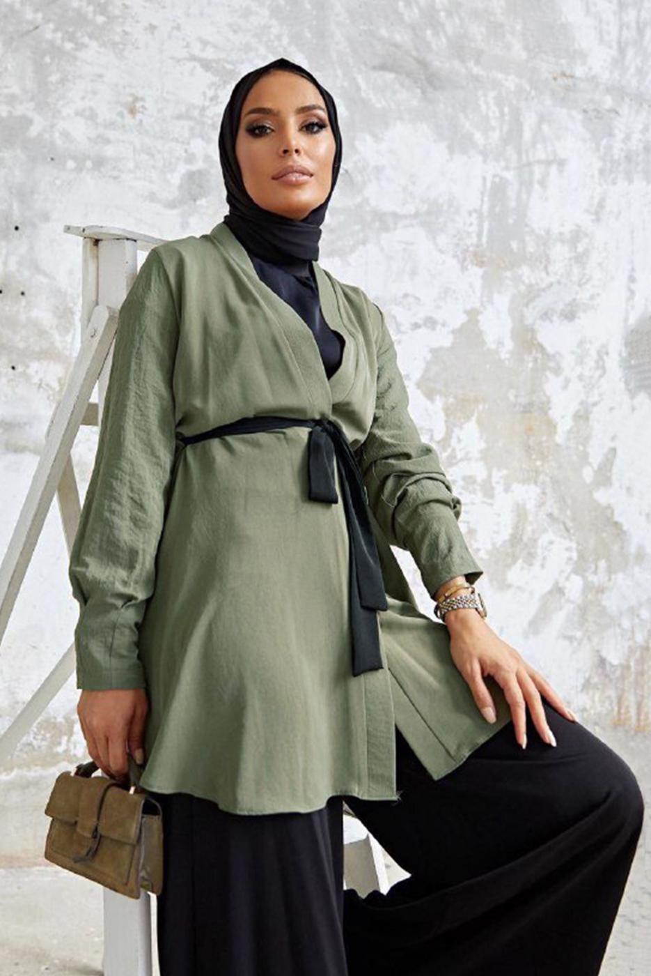 Tesettür giyim HAKİ KUŞAKLI PANTOLONLU TAKIM T 5810