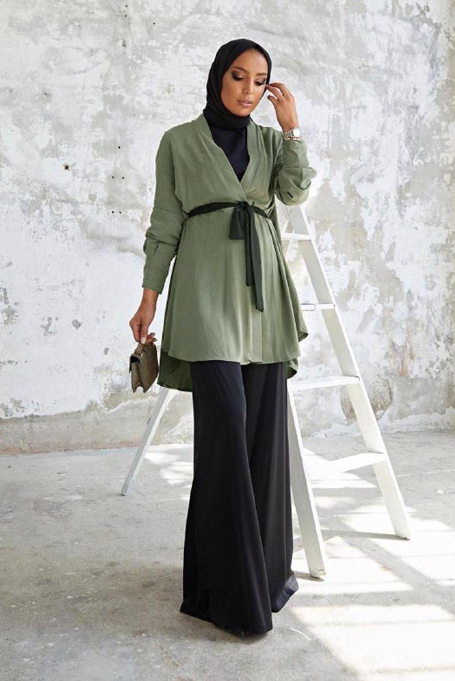 Tesettür giyim HAKİ KUŞAKLI PANTOLONLU TAKIM T 5810