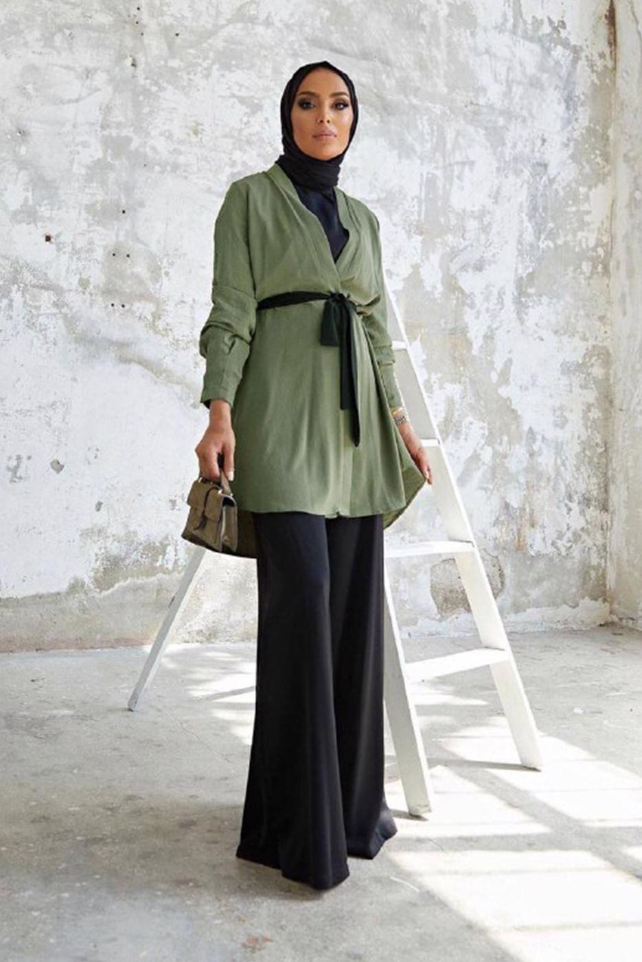 Tesettür giyim HAKİ KUŞAKLI PANTOLONLU TAKIM T 5810