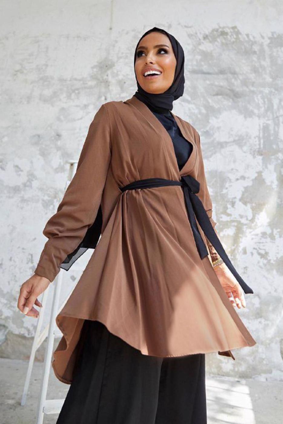 Tesettür giyim KAHVE KUŞAKLI PANTOLONLU TAKIM T 5810