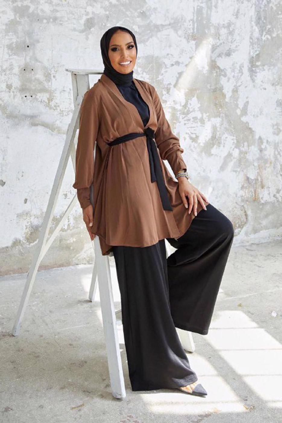 Tesettür giyim KAHVE KUŞAKLI PANTOLONLU TAKIM T 5810