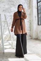 Tesettür giyim KAHVE KUŞAKLI PANTOLONLU TAKIM T 5810
