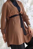 Tesettür giyim KAHVE KUŞAKLI PANTOLONLU TAKIM T 5810