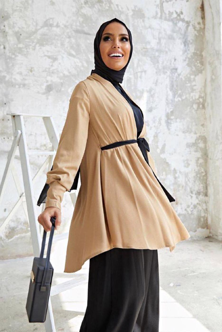 Tesettür giyim VİZON KUŞAKLI PANTOLONLU TAKIM T 5810