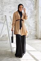 Tesettür giyim VİZON KUŞAKLI PANTOLONLU TAKIM T 5810