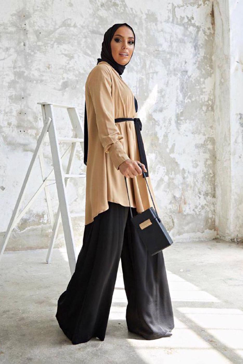 Tesettür giyim VİZON KUŞAKLI PANTOLONLU TAKIM T 5810