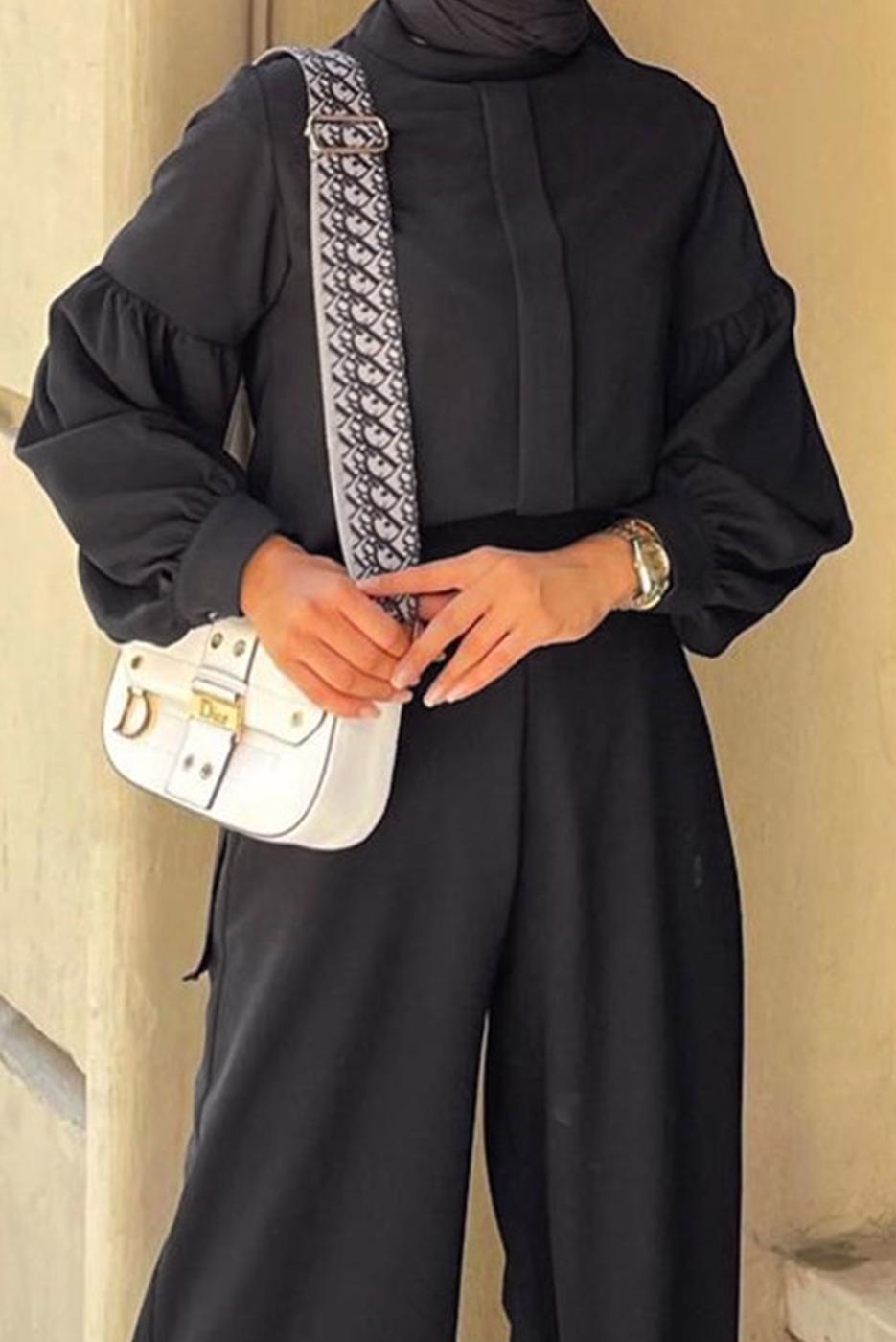 Tesettür giyim SİYAH HAKİM YAKA DETAYLI TAKIM T 6810 