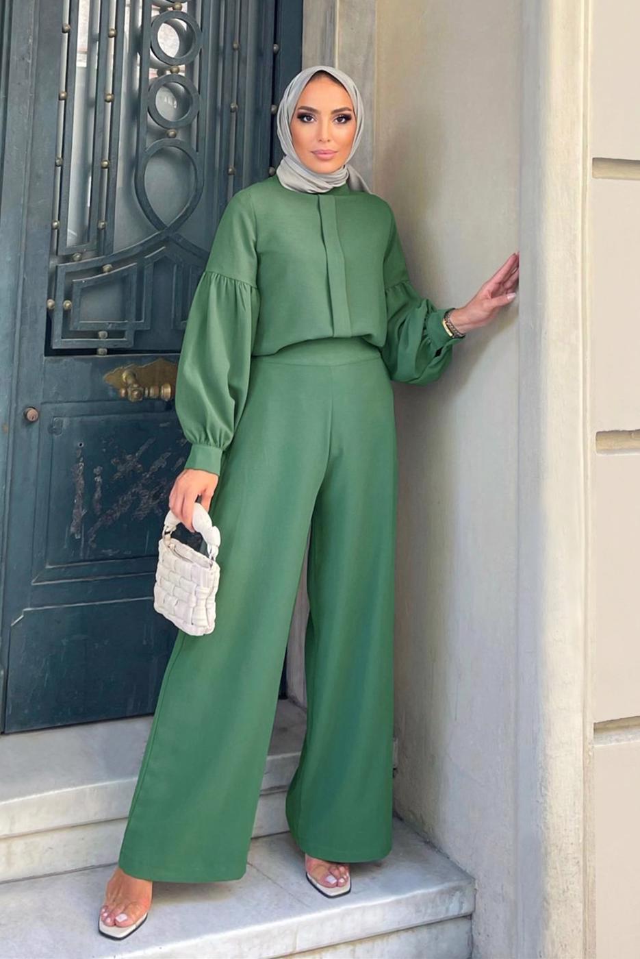 Tesettür giyim YEŞİL HAKİM YAKA DETAYLI TAKIM T 6810 