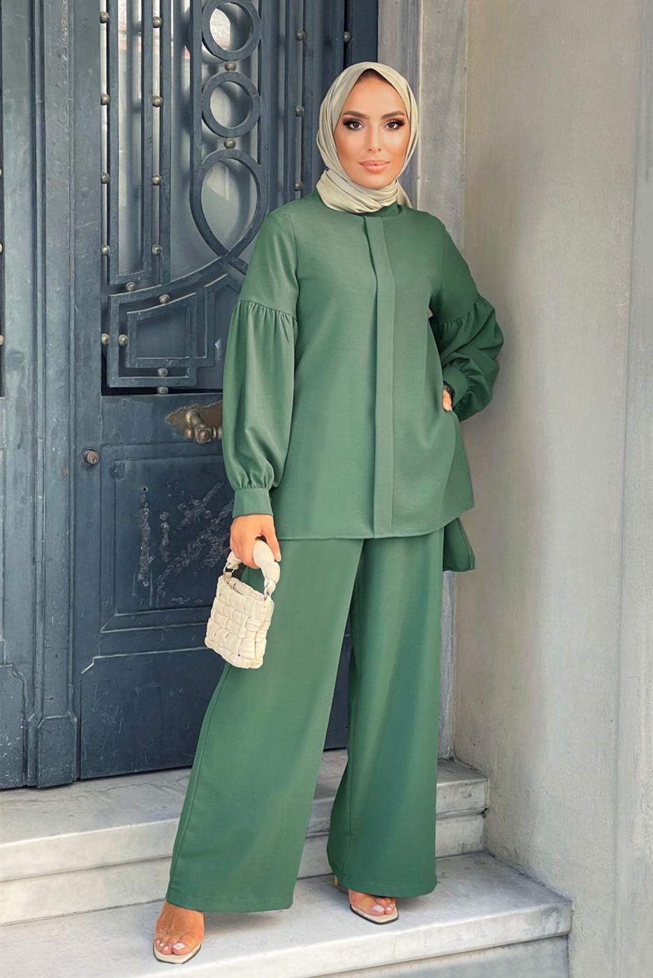 Tesettür giyim YEŞİL HAKİM YAKA DETAYLI TAKIM T 6810 