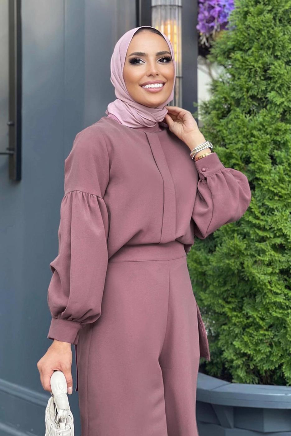 Tesettür giyim PEMBE HAKİM YAKA DETAYLI TAKIM T 6810 