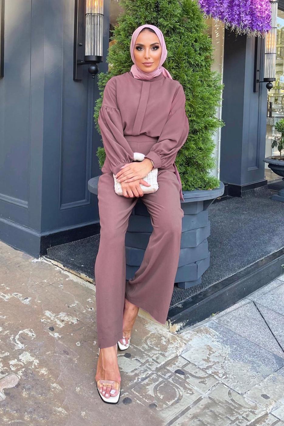 Tesettür giyim PEMBE HAKİM YAKA DETAYLI TAKIM T 6810 