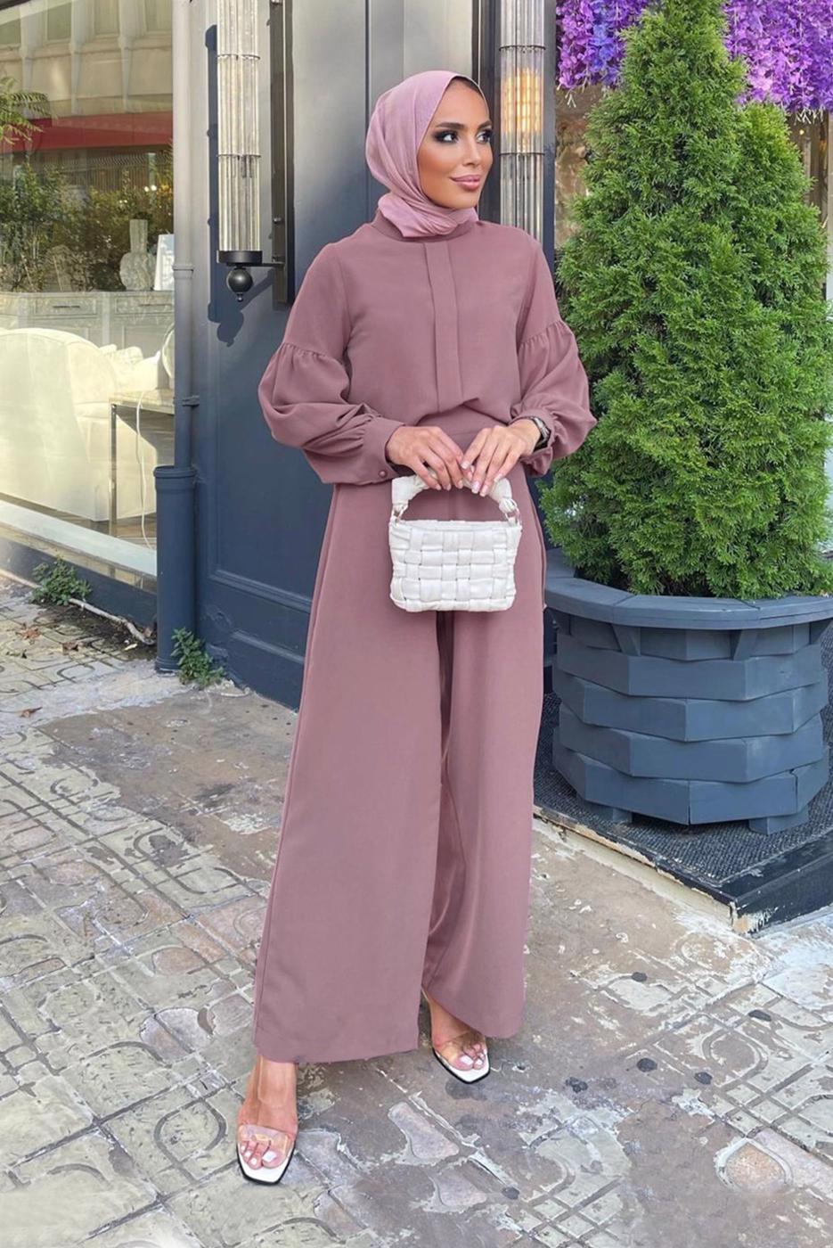 Tesettür giyim PEMBE HAKİM YAKA DETAYLI TAKIM T 6810 