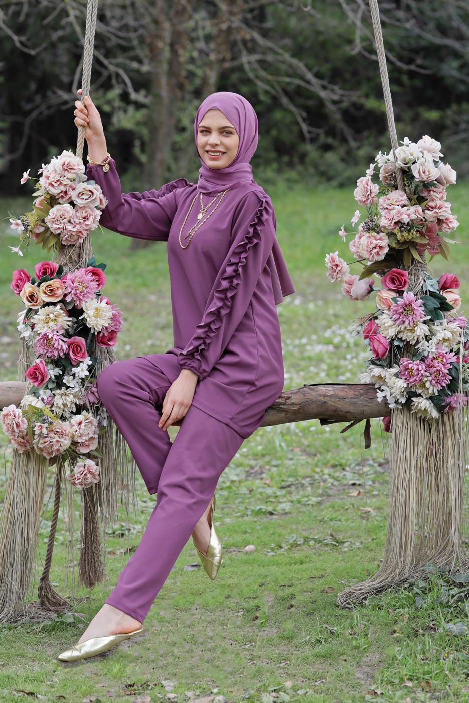 Tesettür giyim MOR FIRFIR DETAYLI PANTOLONLU TAKIM 6956 
