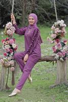 Tesettür giyim MOR FIRFIR DETAYLI PANTOLONLU TAKIM 6956 