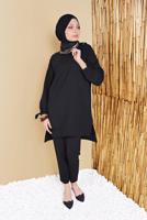 Tesettür giyim SİYAH KOLLARI BÜZGÜ BAĞCIKLI İKİLİ PANTOLONLU TAKIM 7165