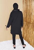 Tesettür giyim SİYAH KOLLARI BÜZGÜ BAĞCIKLI İKİLİ PANTOLONLU TAKIM 7165