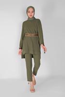 Tesettür giyim HAKİ KOLLARI BÜZGÜ BAĞCIKLI İKİLİ PANTOLONLU TAKIM 7165