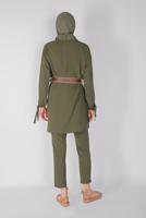 Tesettür giyim HAKİ KOLLARI BÜZGÜ BAĞCIKLI İKİLİ PANTOLONLU TAKIM 7165