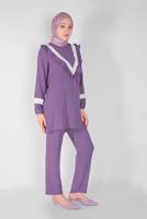 Tesettür giyim MOR YAKASI FIRFIRLI İKİLİ PANTOLONLU TAKIM 7366