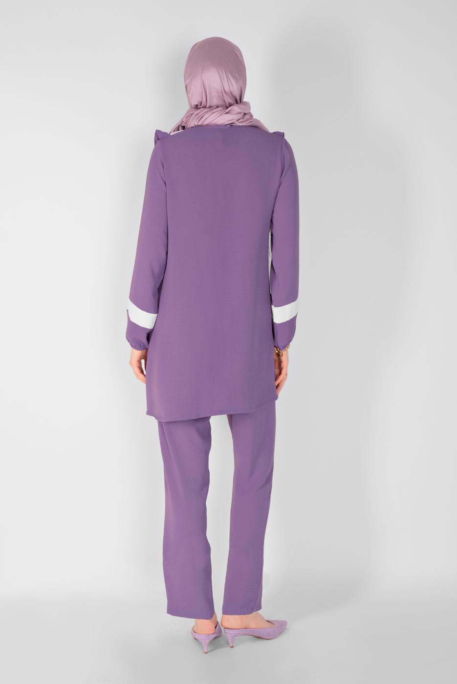 Tesettür giyim MOR YAKASI FIRFIRLI İKİLİ PANTOLONLU TAKIM 7366