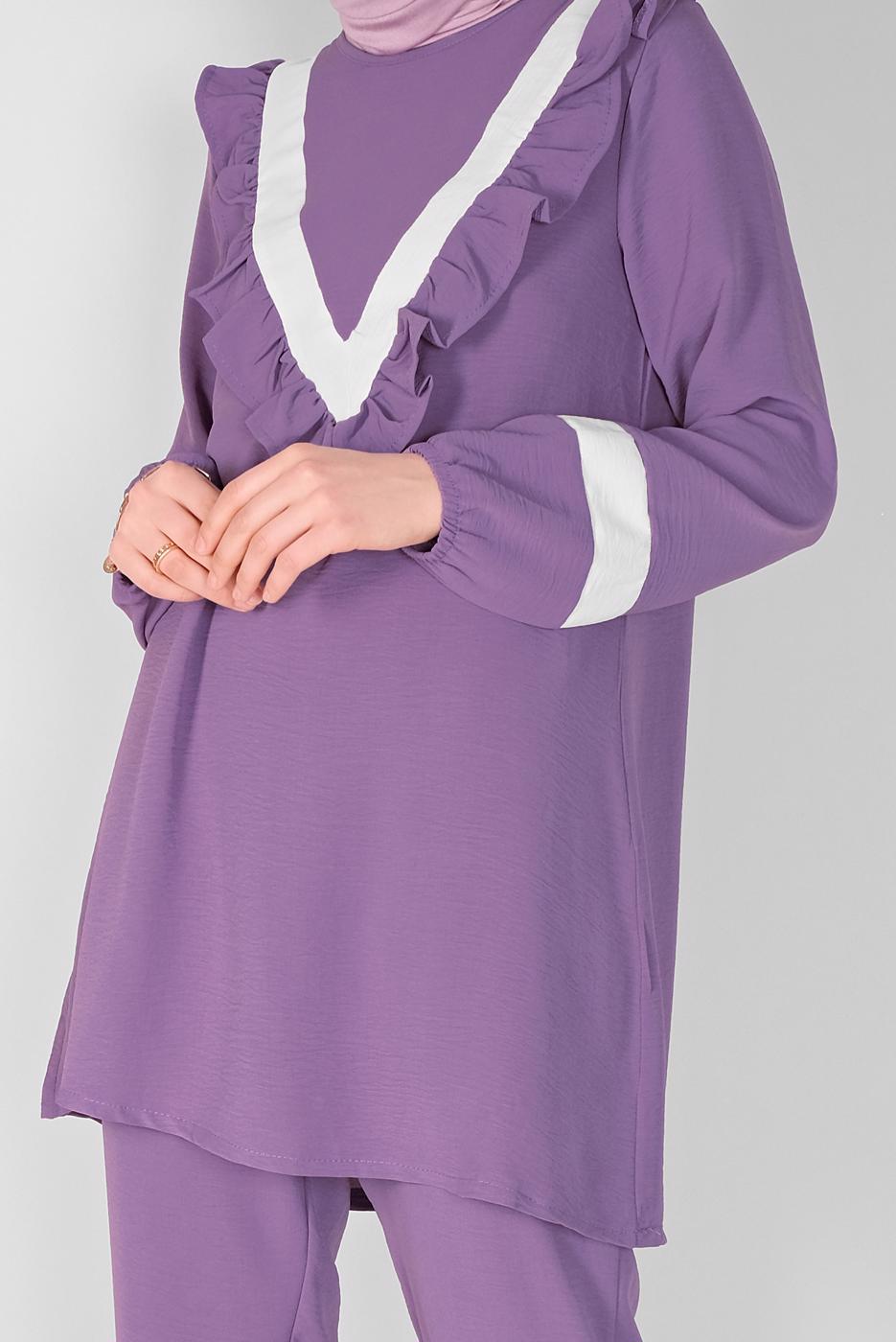 Tesettür giyim MOR YAKASI FIRFIRLI İKİLİ PANTOLONLU TAKIM 7366