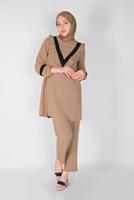 Tesettür giyim KAHVE YAKASI FIRFIRLI İKİLİ PANTOLONLU TAKIM 7366
