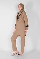 Tesettür giyim KAHVE YAKASI FIRFIRLI İKİLİ PANTOLONLU TAKIM 7366