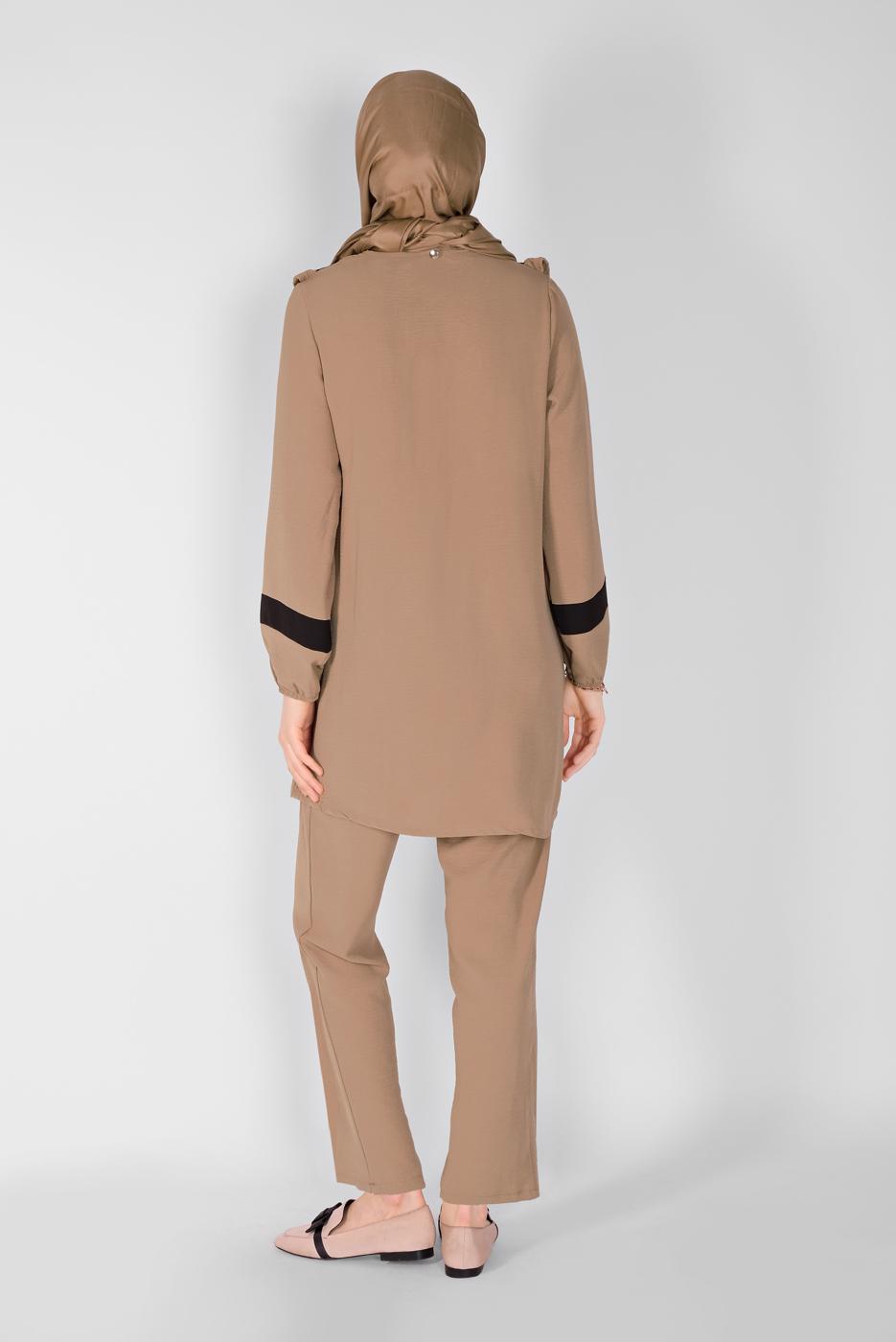 Tesettür giyim KAHVE YAKASI FIRFIRLI İKİLİ PANTOLONLU TAKIM 7366