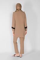 Tesettür giyim KAHVE YAKASI FIRFIRLI İKİLİ PANTOLONLU TAKIM 7366