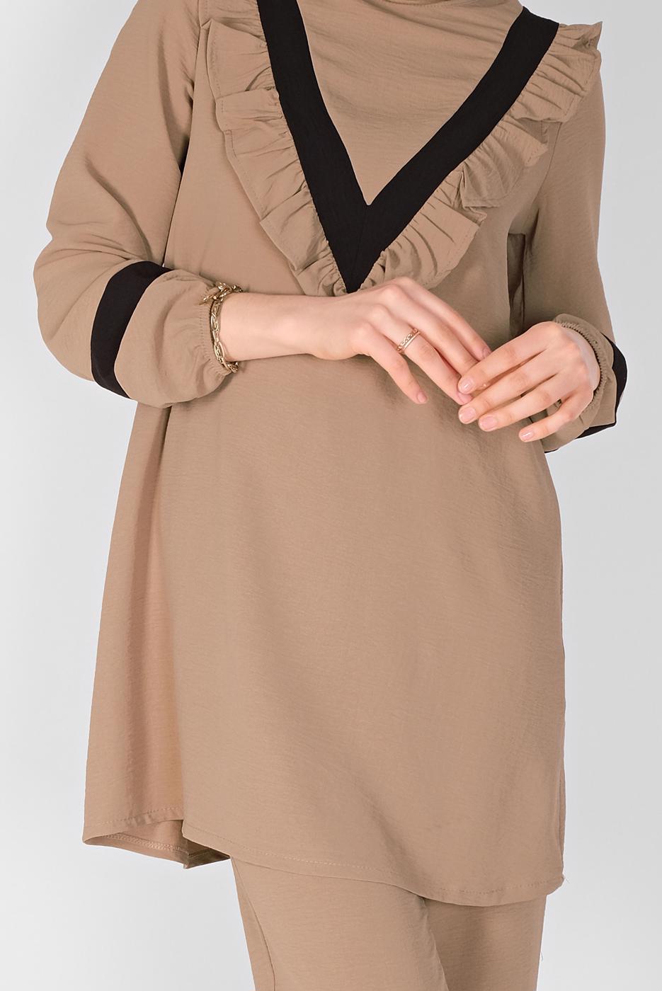 Tesettür giyim KAHVE YAKASI FIRFIRLI İKİLİ PANTOLONLU TAKIM 7366