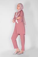 Tesettür giyim PUDRA YAKASI FIRFIRLI İKİLİ PANTOLONLU TAKIM 7366